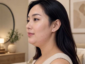 Side profile of a woman showing facial acne along her jawline, illustrating what are the signs of PCOS.