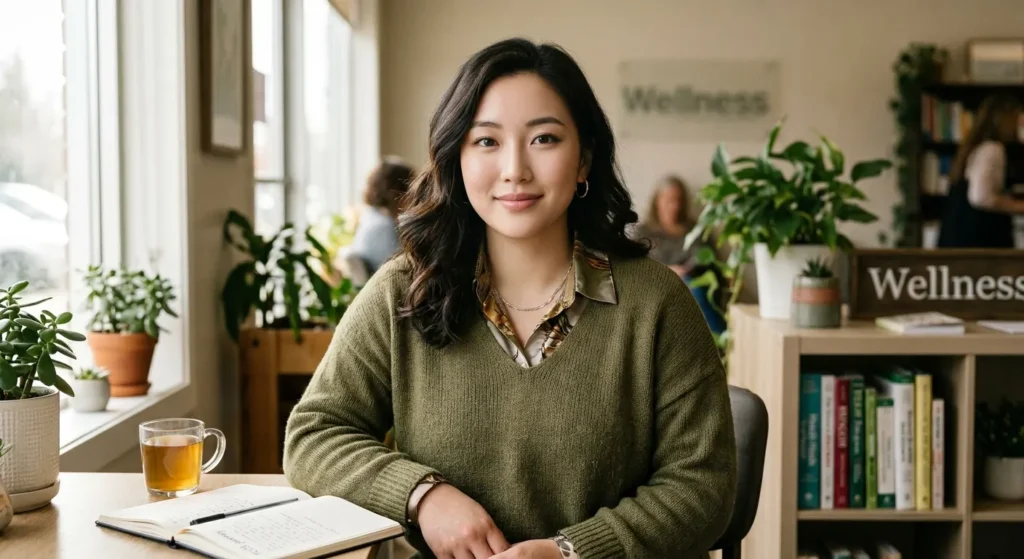 Asian woman sitting at a desk with a journal to track wellness, learning what are the signs of PCOS.