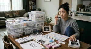 Woman reviewing treatment schedules and medication labeled by cycle to track how many IVF cycles does it take to get pregnant.