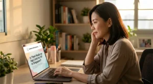 Woman reviewing an article on her laptop about IVF Age Limit Singapore regulations and guidelines.