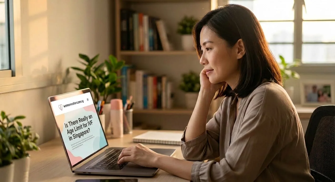 Woman reviewing an article on her laptop about IVF Age Limit Singapore regulations and guidelines.