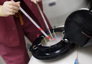 Embryologist placing cryo straws into a liquid nitrogen storage tank for social egg freezing in Singapore.