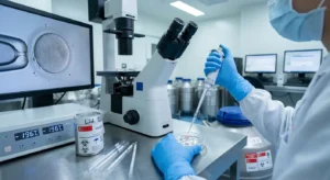 Lab technician using a micropipette and microscope to prepare samples for social egg freezing in Singapore.