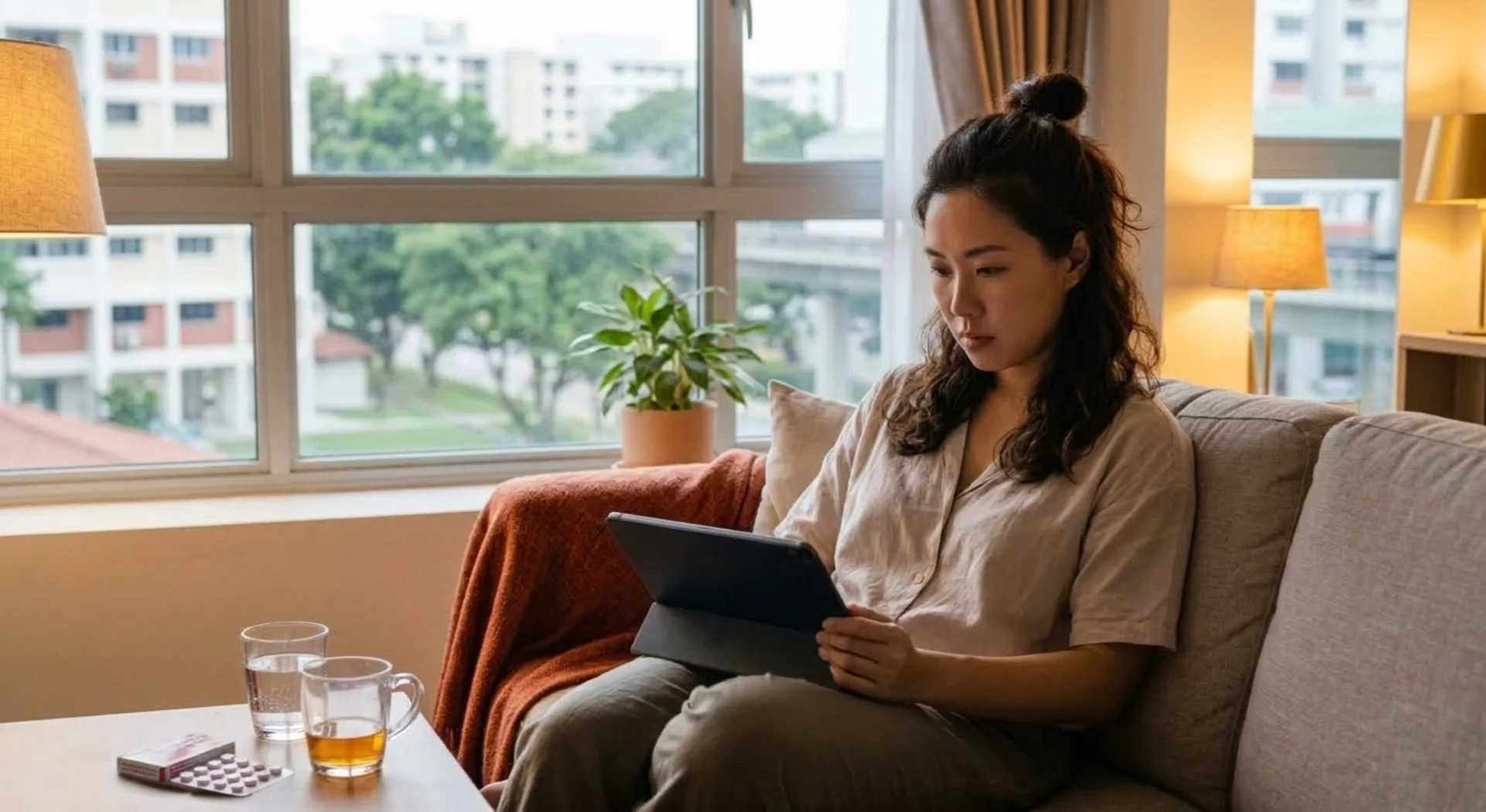 Woman researching treatment options for menstrual disorder singapore on a tablet at home.