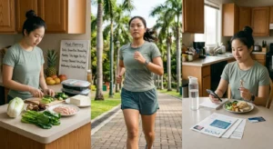 Woman preparing healthy meals and jogging outdoors to manage pcos singapore.