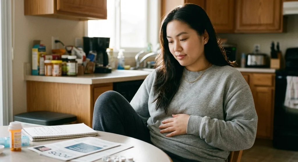 Woman sitting at a table reviewing pcos singapore health resources.