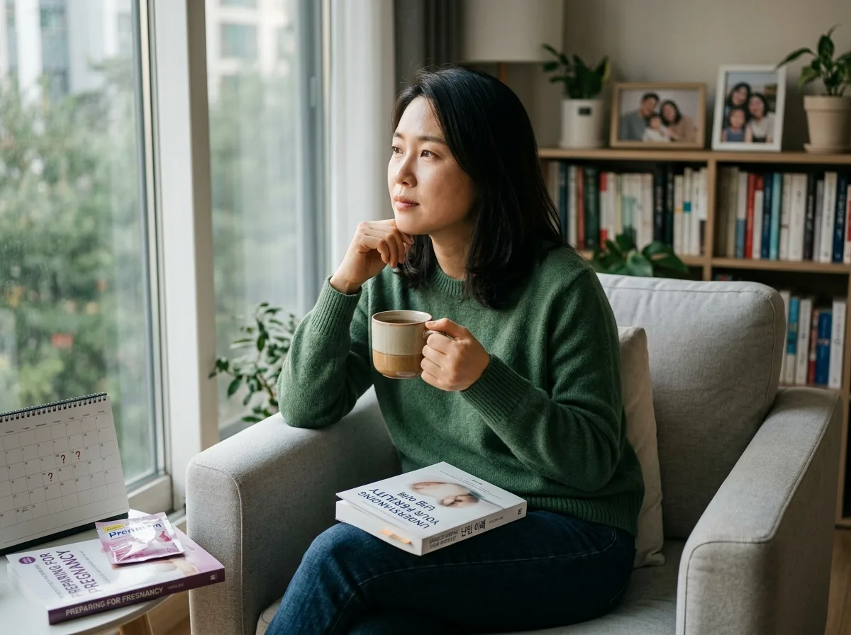 Pensive woman holding a cup while sitting near fertility books to illustrate signs of low AMH.